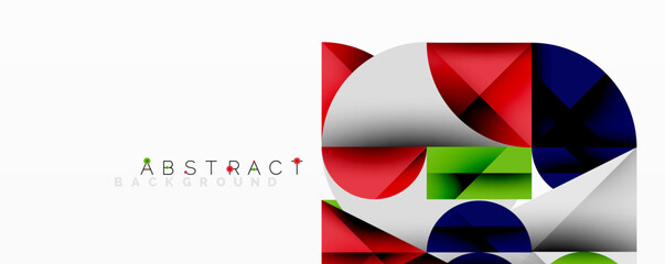 Geometric shapes create dynamic composition. Red, blue, green, white colors blend seamlessly. Modern design element for backgrounds.
