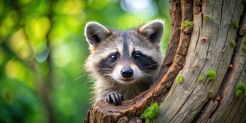 A raccoon with a mischievous expression peeks out from a tree hollow, its tiny paws grasping onto the branch , forest, hiding