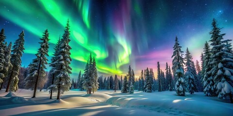 A snow-covered pine forest stands frozen in time as vibrant aurora borealis swirls above the night sky, casting an ethereal glow on the surrounding landscape, forest landscape, celestial display