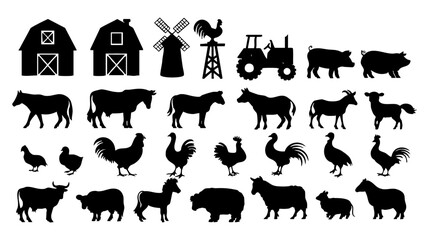 Fototapeta premium Farm animals and buildings silhouettes vector illustration for agriculture and livestock design elements