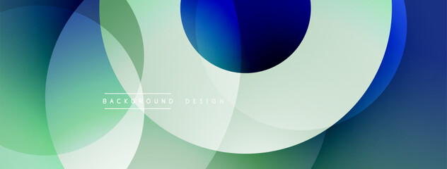 Abstract design features overlapping circles, gradients. Colors include blue, green, white. Minimalist aesthetic, modern feel. Smooth transitions present.