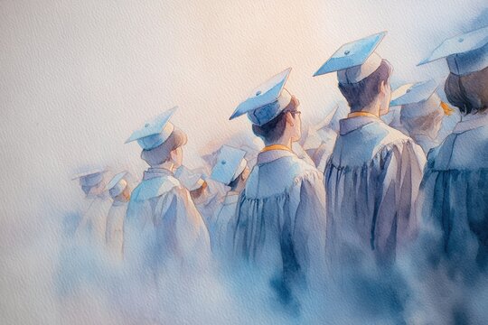 A delicate watercolor sketch of a graduation ceremony, with students in caps and gowns standing proudly. High quality