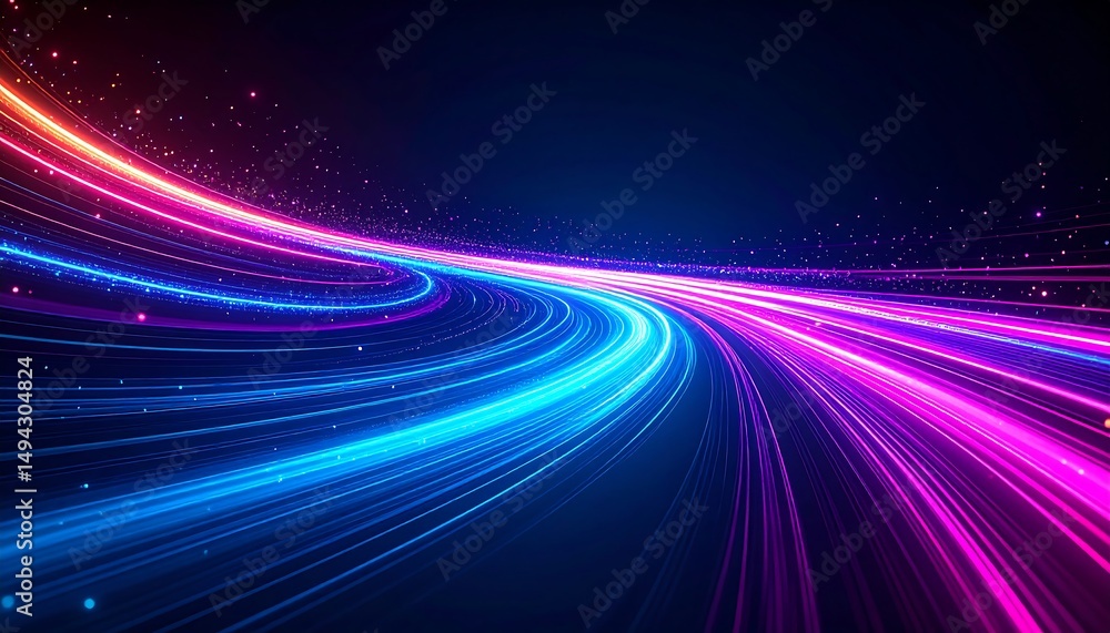 Poster abstract glowing lines with neon speed trails.