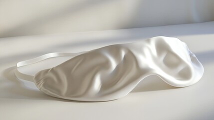 Cream-colored silk eye mask, draped and smooth, on a light surface, bathed in soft light