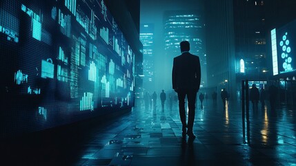 Fototapeta premium Businessman Walking in Urban Setting with Digital Financial Data Display Reflecting Economic Conditions at Night