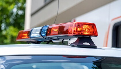 Fototapeta premium Emergency Vehicle Flashing Lights Close Up Detail Red and Blue Police Car Lights