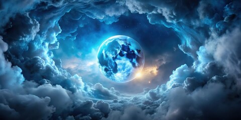 A celestial body with vibrant bright blue color surrounded by dark gray and misty dark blue clouds in the atmosphere , dark gray cloud, cloudy sky