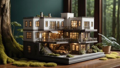 Miniature Architectural Marvel: A Detailed Model Home Set in a Serene Landscape
