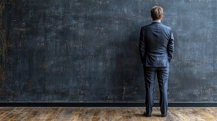 Obraz premium Businessman in Suit Standing in Front of Blank Wall Contemplating Financial Strategies and Stock Market Opportunities