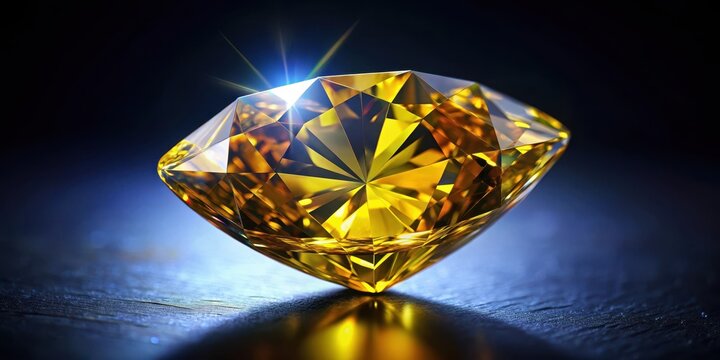 A bright yellow diamond gemstone sits atop a sleek dark background, showcasing its vibrant colors and intricate facets , precious stone, dark background - Powered by Adobe