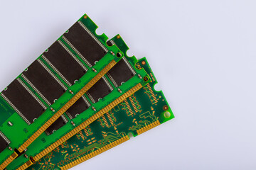 Various memory modules with green boards gold connectors, RAM modules technology.