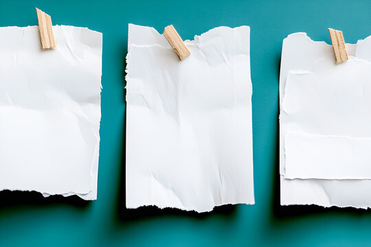 Three torn white paper notes held with wooden clothespins against a teal background providing blank space for text or design