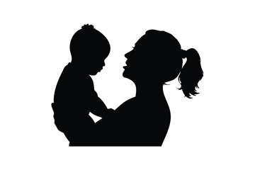 Silhouette of a mother holding her young child in her arms, both facing each other with affectionate expressions on a plain white background
