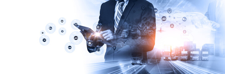 Multiple exposures of Businessman touching tablet for analyze stock at logistics port and world map with logistic network distribution on background, transportation trading business concept,