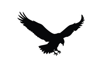 Silhouette of an eagle with wings spread wide and talons extended, appearing to descend in flight on a clean white background in dramatic form.