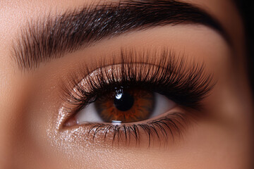 Obraz premium Macro close-up of a woman's blue eyes with fluffy eyelashes and makeup