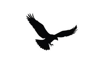 Silhouette of a bird of prey in mid-flight with wings fully extended and talons visible, isolated on a clean white background for nature or wildlife design.