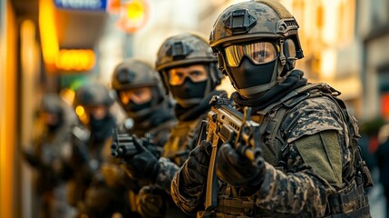 Naklejka premium Realistic Depiction of Soldiers in Tactical Gear During Tense Scenario in Urban Environment