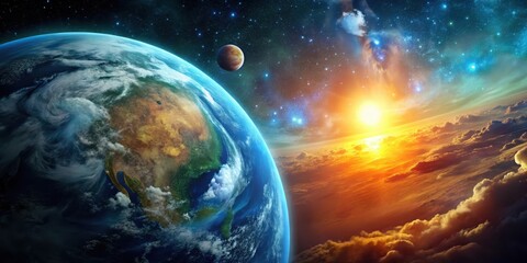 Obraz premium Planet Earth isolated on a black background with a stunning blue and green atmosphere, featuring swirling clouds and a radiant orange sun , night sky, cosmic