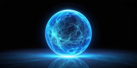 Fototapeta premium Glowing Blue Orb on Black Ground, mysterious light, dark background, mysterious light