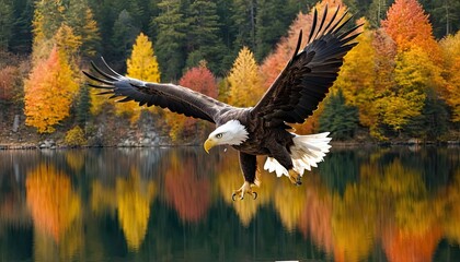 Majestic Bald Eagle Soaring Over Autumnal Lake