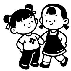 A black and white illustration of two happy girls holding hands.