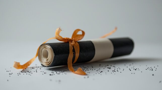 Rolled College Diploma with Black and White Design Tied with Orange Ribbon on a Light Background with Garnish