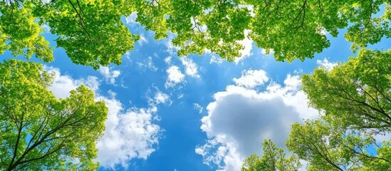 Obraz premium The lush green tree branches frame the picturesque backdrop.