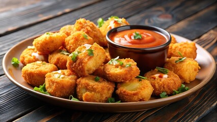 Crispy fried nuggets covered in a layer of melted cheese and chili sauce