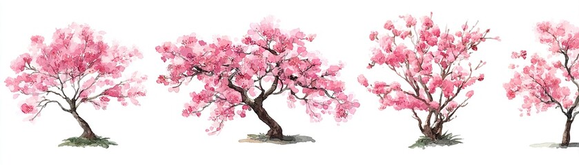 Watercolor set of blooming pink sakura trees png. Watercolor sakura tree blooming with pink flowers. Spring trees png. Vector illustration. High quality