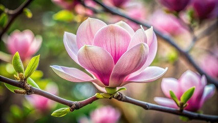 Fototapeta premium Delicate pink petals unfolding from a sturdy branch, revealing the elegant magnolia flower's intricate details