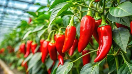 Close-up of a ripe, red chili pepper plant with glossy leaves and tiny flowers, ready to be harvested in a greenhouse setting, greenhouse crops, fresh produce
