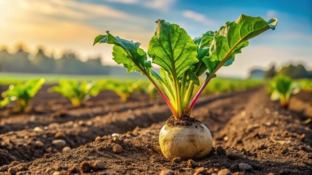 Close-up of sugar beet growing in a field with its leaves and stem emerging from the soil , crop, nature,  crop, nature, farm