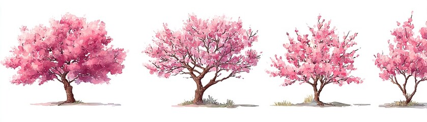 Watercolor set of blooming pink sakura trees png. Watercolor sakura tree blooming with pink flowers. Spring trees png. Vector illustration. High quality
