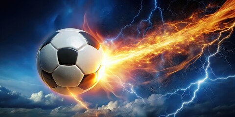 Fierce soccer ball ablaze under starry night sky with lightning bolt shooting out from it, energy, soccer,  energy,soccer