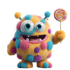 A fluffy, colorful monster with big eyes joyfully holds a vibrant lollipop, radiating sweetness and playful charm.  A whimsical creature indeed!