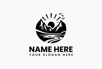 Harmonious monochrome mountainscape vector logo featuring sun disc, soaring birds and pine-framed river. Outdoor adventure brand mark  