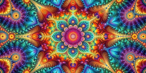 Intricate abstract fractal pattern resembling a colorful kaleidoscope with swirling shapes and vibrant colors , optical illusion, artistic patterns