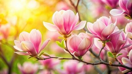 Obraz premium Close-up of delicate pink magnolia flowers blooming in vibrant spring colors