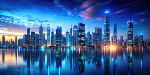 A futuristic cityscape at sunset with sleek skyscrapers and neon lights reflected in a vast, dark blue ocean of code , coding, urban landscape