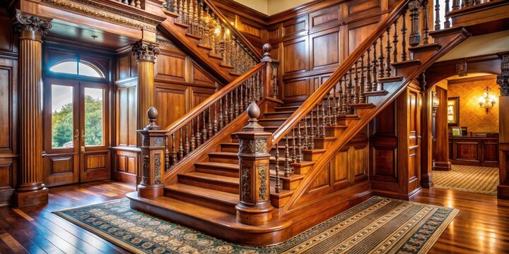 Elegant Staircase in Victorian House with Ornate Newel Posts and Rich Wood Tones, classic , decoration,  classic