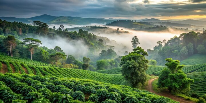 Dense foliage and towering trees surround a sprawling coffee plantation in Coorg's lush green landscape, with a misty veil hovering above the rolling hills , forest, coorg