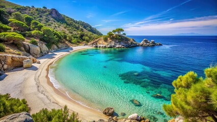 Serene beach at Livadi in Ikaria island with crystal clear blue water and white sandy shore surrounded by lush greenery, greek isles, beach paradise