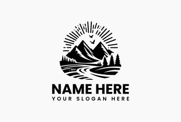 Contrasting black/white mountain range vector with celestial sun, flying birds and river cutting through pine forest. Nature conservation emblem  