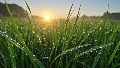 Obraz premium Sunrise Dew Drops on Lush Green Grass