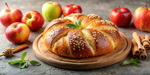 Traditional Rosh Hashanah round bread with sweet and savory fillings, apples, honey,  apples