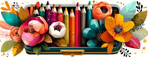 abstract background of color pencil stack Colorful pencils and vibrant flowers in a decorative case, perfect for inspiring creativity and artistic expression.