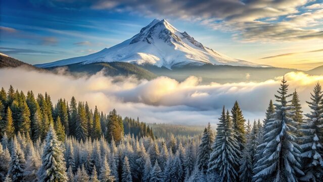 Snow-covered Mount Hood towering over a serene forest landscape, with evergreen trees and misty fog in the background, winter scenery, outdoor landscape - Powered by Adobe