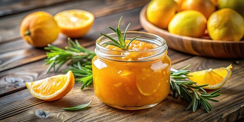 Close-up shot of a glass jar filled with thick and golden orange marmalade, placed on a wooden table with a few fresh lemons and sprigs of rosemary around it, food, jam