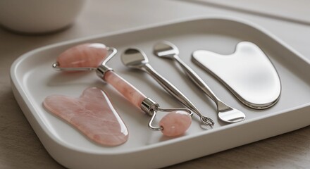 Facial treatment tools displayed on a tray in a minimal setting  